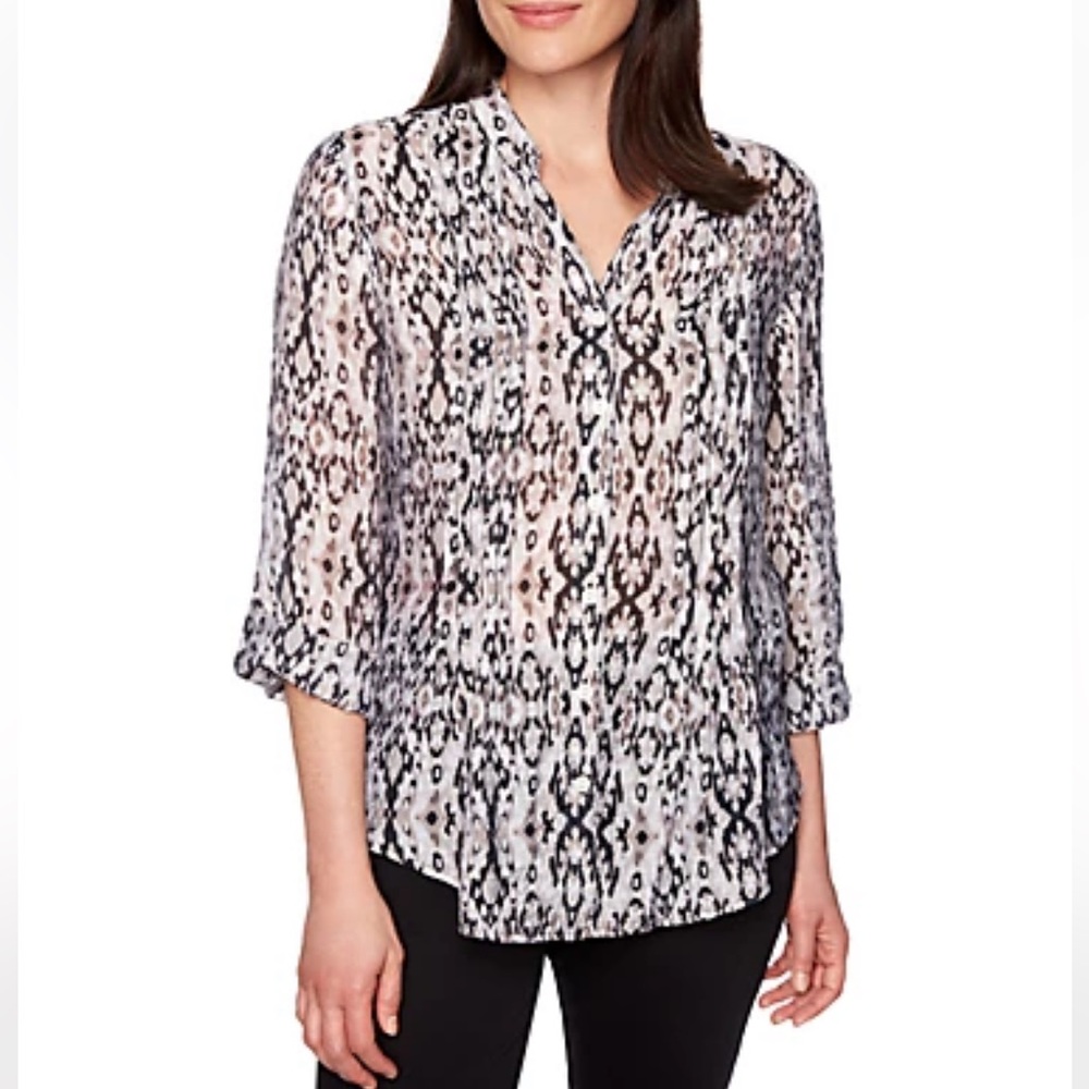 Ruby Rd. Must Haves Ikat Print Button Down Adjustable Sleeves Top Size 2X NWT